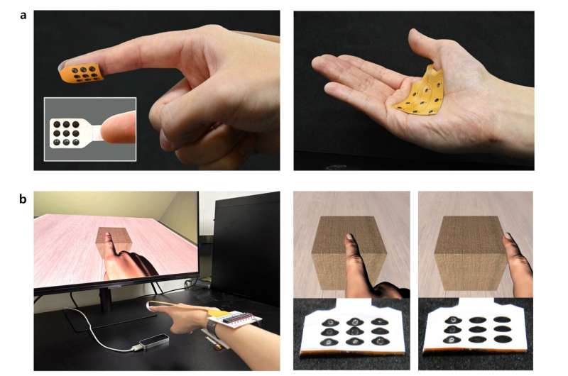 (a) Thin flexible haptic patch for fingertip and palm of the hand. (b) VR scenario with synchronized contact geometry of virtual box. Credit: Hee-kyung Kwon Wearable haptics get thinner: A thin, flexible haptic patch lets you feel the virtual world