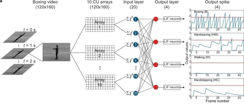 Recognizing human motions in sophisticated environments is a classic computer vision challenge. Xu and colleagues found that their analog technology was able to perform the task with 90% accuracy, outperforming its digital counterparts. Credit: Guangyu Xu, UMass Amherst New all-silicon computer vision hardware by UMass researchers advances in-sensor visual processing technology