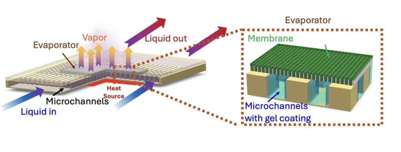 Illustration of the fiber membrane pulling liquid from microchannels into its pores through capillary action and cooling a heat source as the liquid evaporates. Credit: Tianshi Feng New cooling tech could curb data centers' rising energy demands