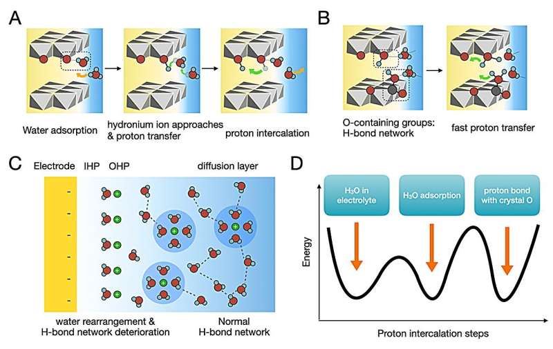 Proton transport characteristics at the electrode/electrolyte interface. Credit: Matter (2025). DOI: 10.1016/j.matt.2025.102165 The Future of Aqueous Batteries