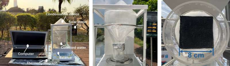 A custom-made setup removes salt from seawater in natural sunlight, using a beaker of seawater, a black piece of aerogel, and a curved plastic cap that drips into a funnel and beaker. Credit: Adapted from ACS Energy Letters 2025, DOI: 10.1021/acsenergylett.5c01233 This spongy material and the sun's power remove salt from seawater