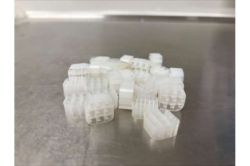 Small plastic pieces from Biowater Technology called biofilm carriers, which are widely used in water and waste treatment systems. These provide a surface where helpful bacteria can grow and carry out their function in an efficient way. Credit: Lu Feng Thin biofilm can transform CO₂ into renewable energy