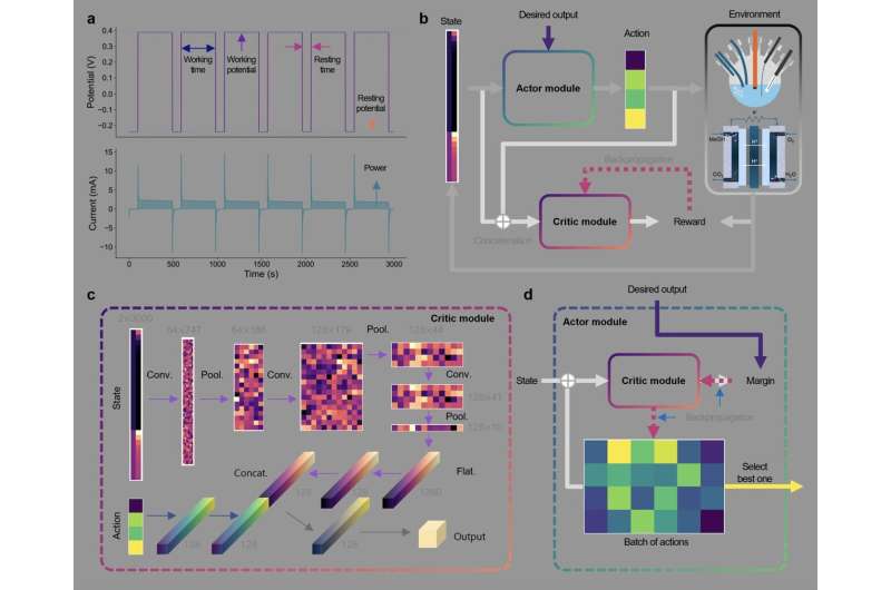 a, αFC controls a DMFC during operation by choosing the most appropriate actions, which are determined by the actor module according to the given state (learned by αFC from the current–time curves) to achieve the desired output. Meanwhile, the critic module is trained to evaluate the value of the action for a given state. b, Power produced by a DMFC with Co–Pt–Ru/NC as the anode catalyst as a function of time (12 hours of operation) and controlled either by a constant-potential strategy or αFC. Credit: 2025, Xu, H. et al. Using reinforcement learning to maximize the performance of direct methanol fuel cells